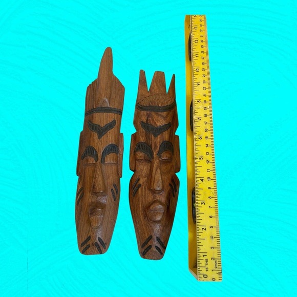 Pair Of Small African Wood Carved Masks With Human Faces 9” Vintage - Picture 12 of 13